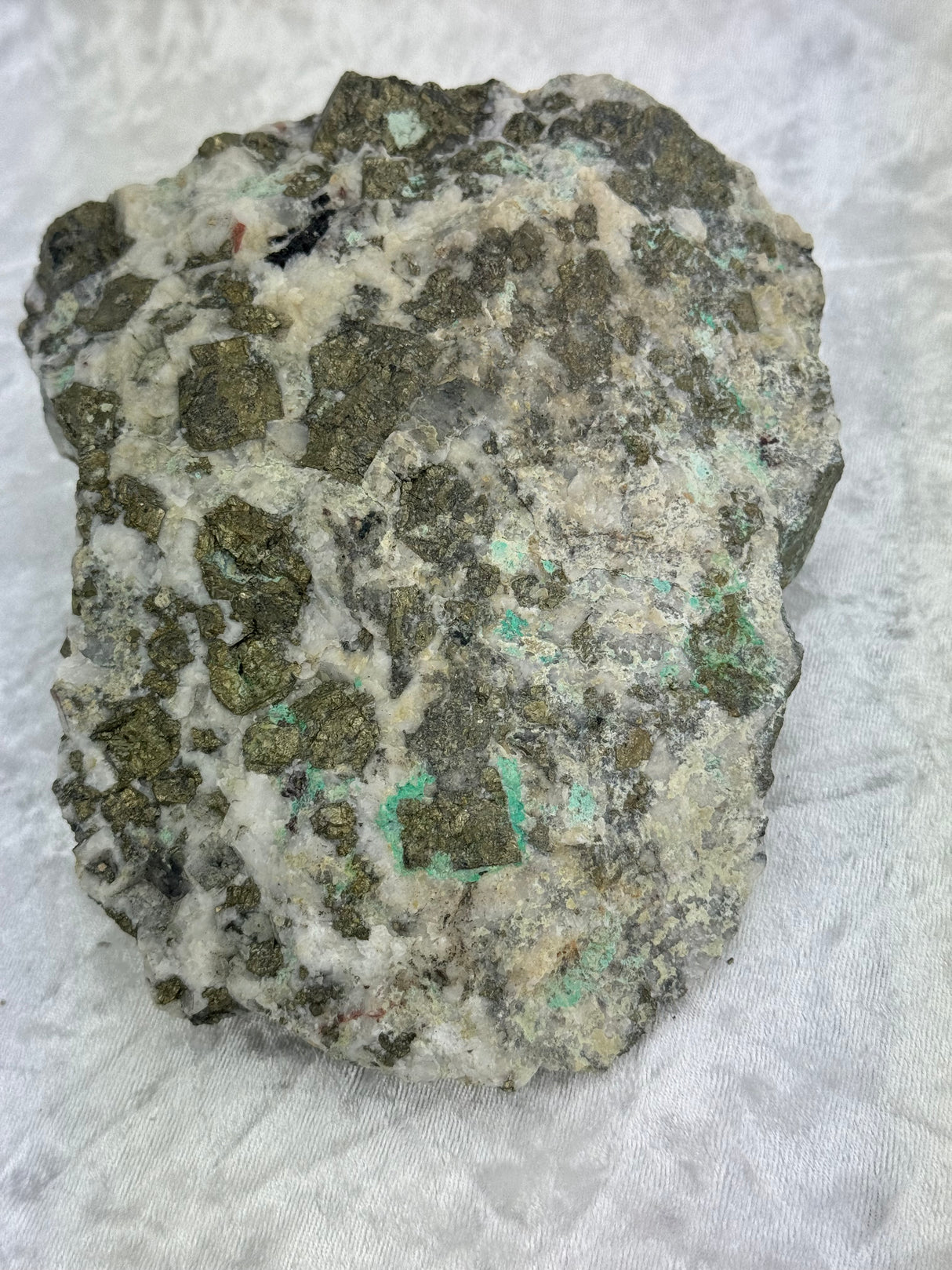 Pyrite Specimen on Quartz with flashes of Malachite - 1.751Kikos RARE - Protection & Energy