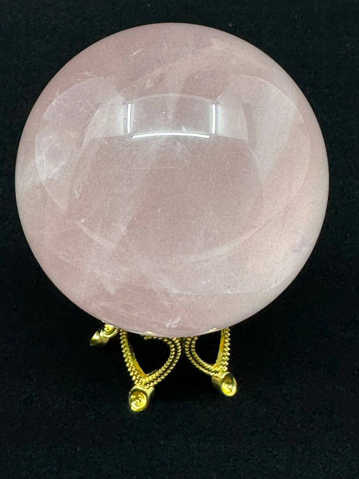 Rose Quartz Sphere on Crown Stand 154g- “I radiate love, beauty, confidence and grace”.