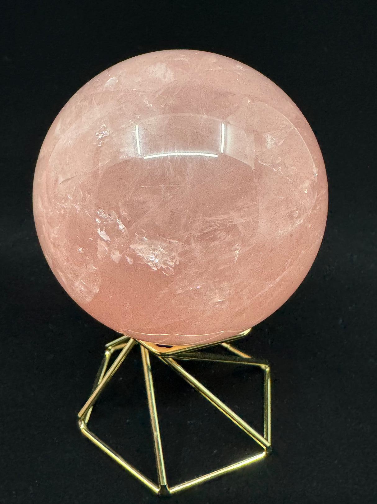 Rose Quartz Sphere on Gold Stand 370g- “I radiate love, beauty, confidence and grace”.