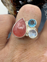 Rhodochrosite, Moonstone & Topaz Ring Size 8- "I gently release past pain with grace, compassion, and love."