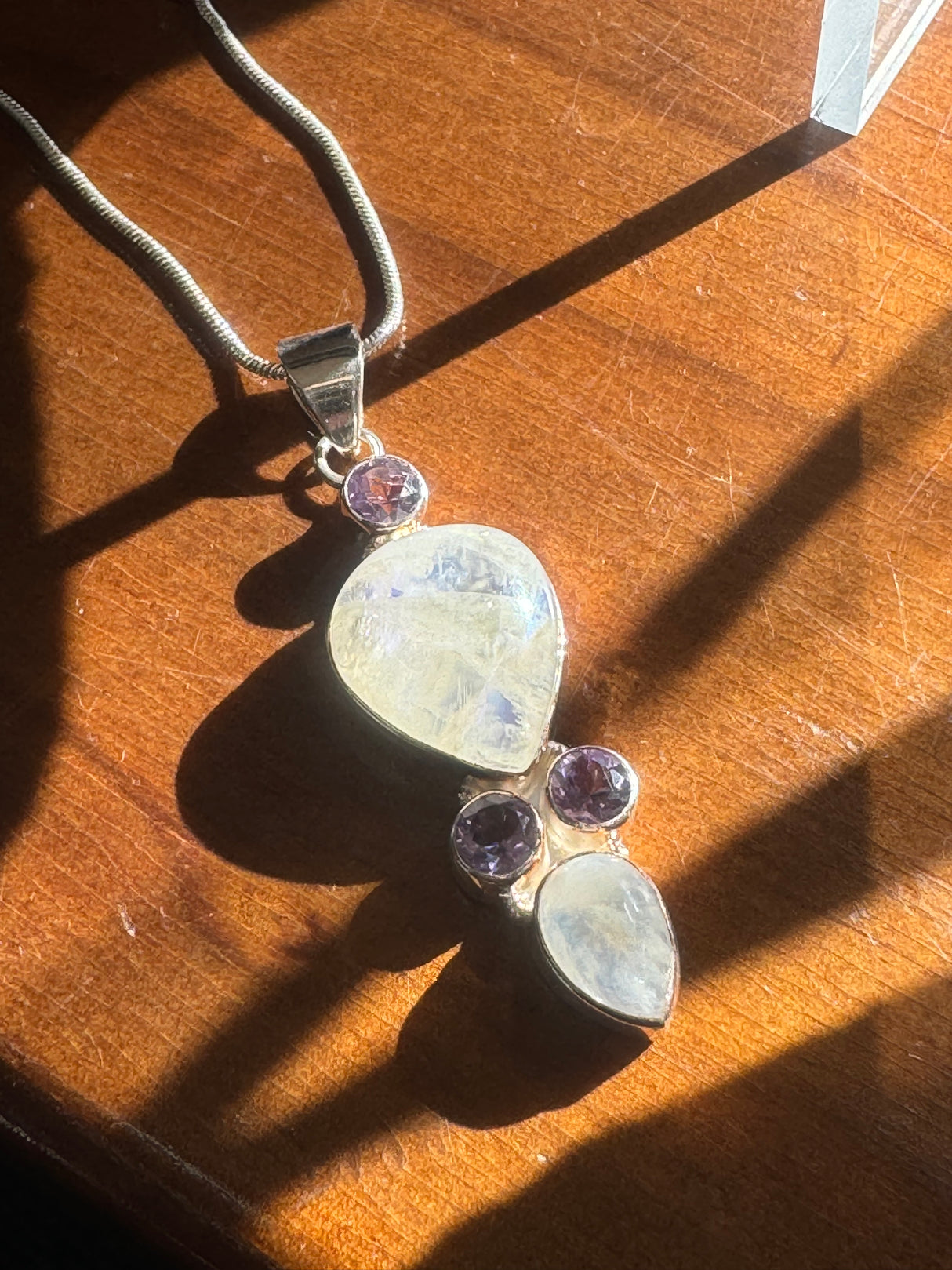 Moonstone Rainbow & Amethyst Pendant & Silver Chain - Inner Peace & New Beginnings