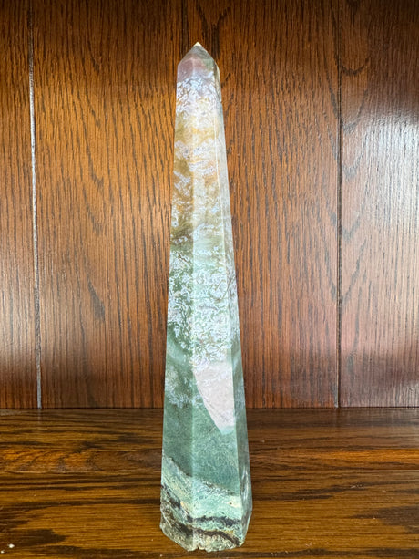 Agate Moss Tower 22cm 344g  -“ I draw upon the energy of Mother Earth to heal”.