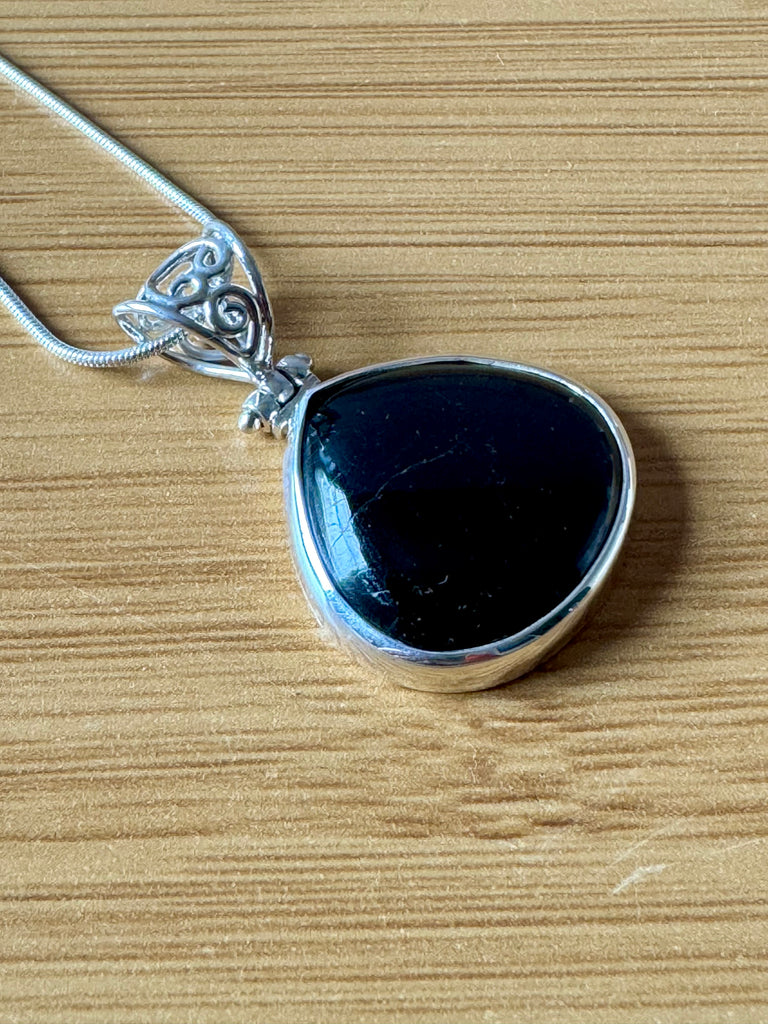 Black Tourmaline Silver Pendant & Chain - Grounding