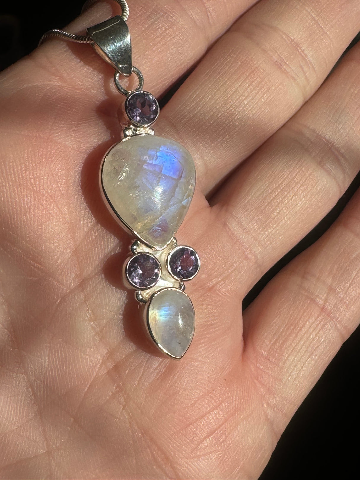 Moonstone Rainbow & Amethyst Pendant & Silver Chain - Inner Peace & New Beginnings