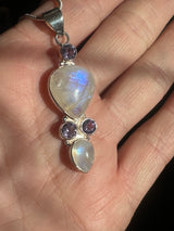 Moonstone Rainbow & Amethyst Pendant & Silver Chain - Inner Peace & New Beginnings