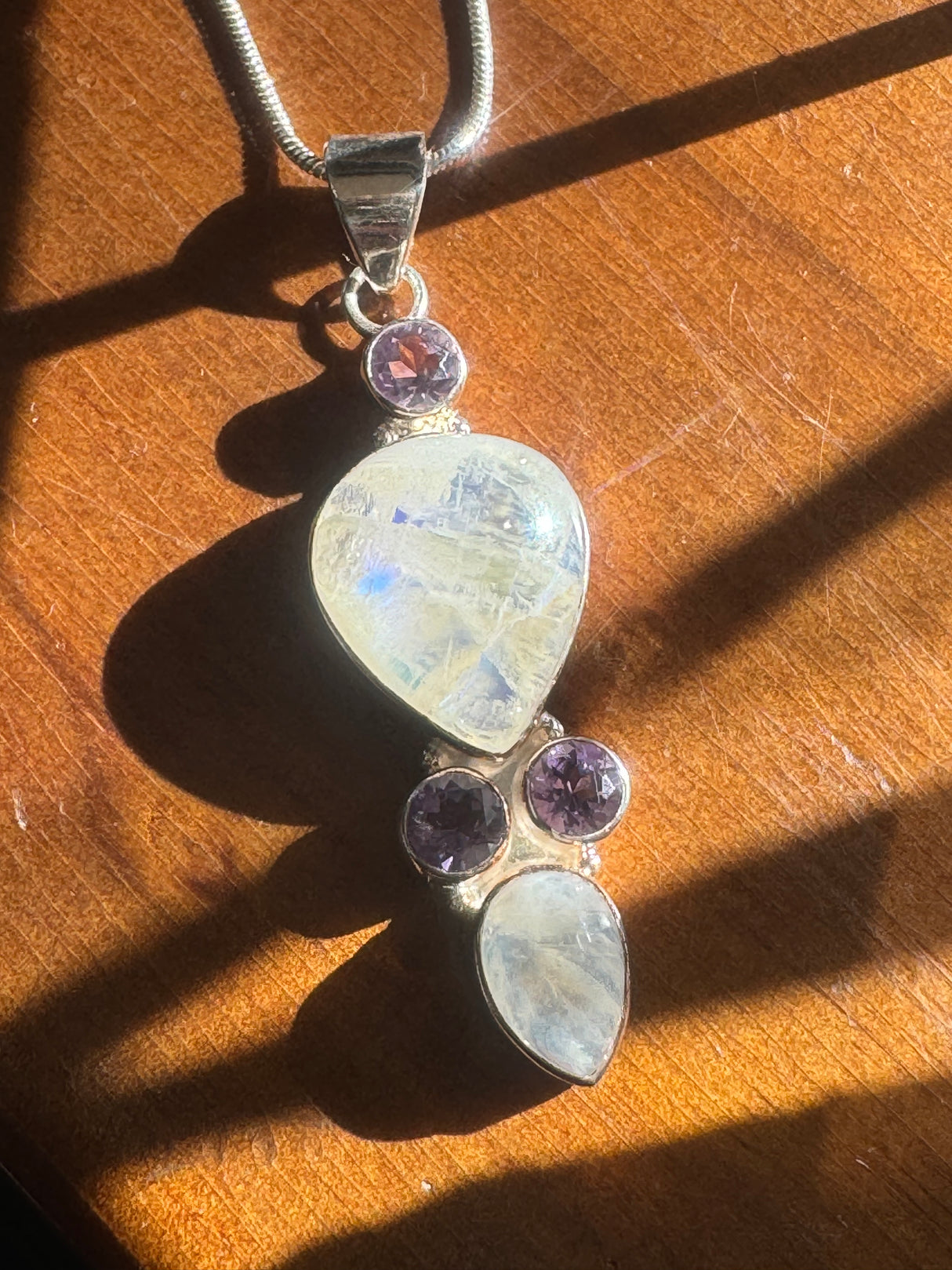 Moonstone Rainbow & Amethyst Pendant & Silver Chain - Inner Peace & New Beginnings