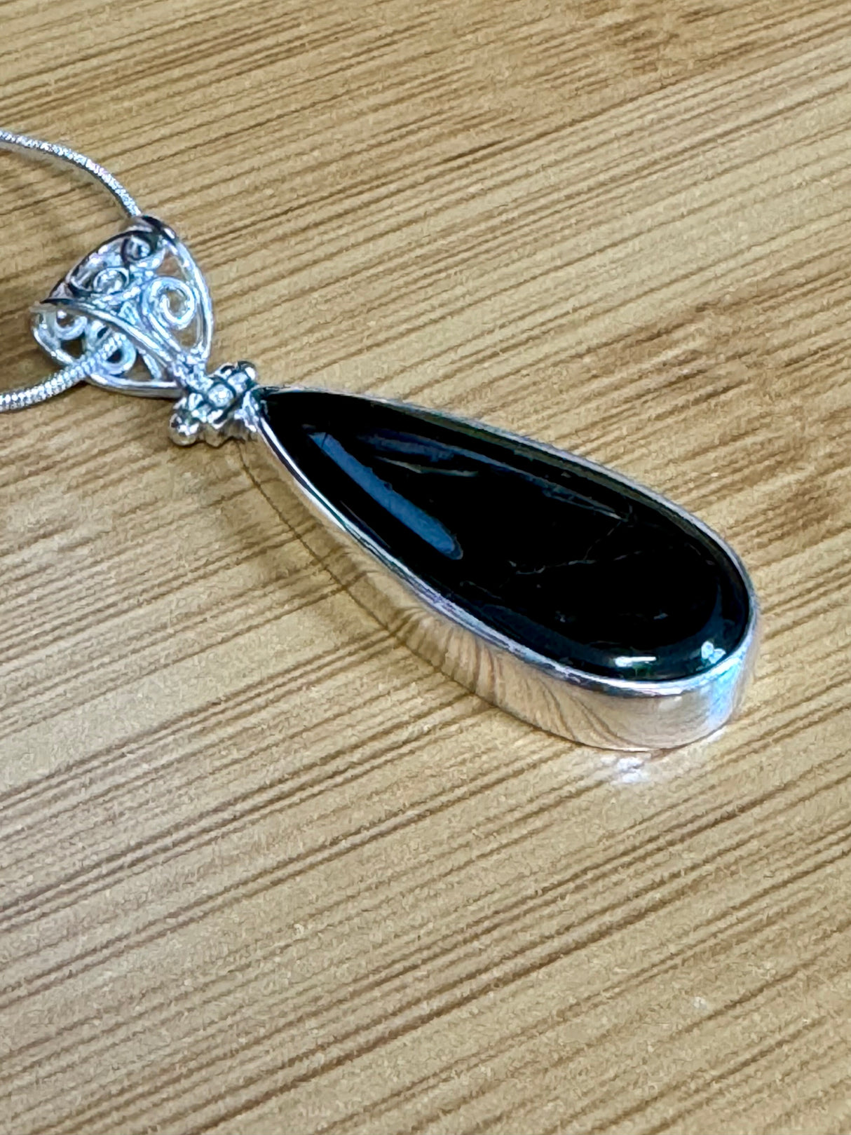 Black Tourmaline Silver Pendant & Chain - Grounding