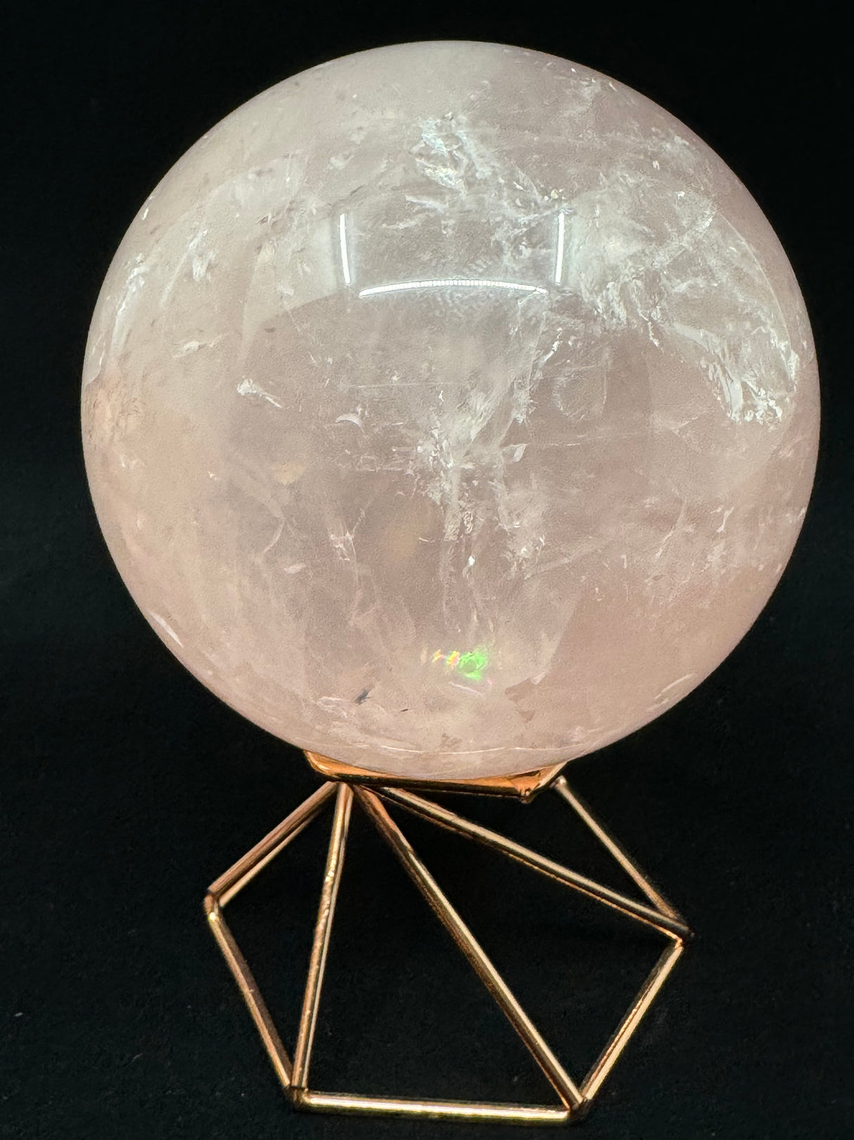 Rose Quartz Sphere on Gold Stand 480g- “I radiate love, beauty, confidence and grace”.