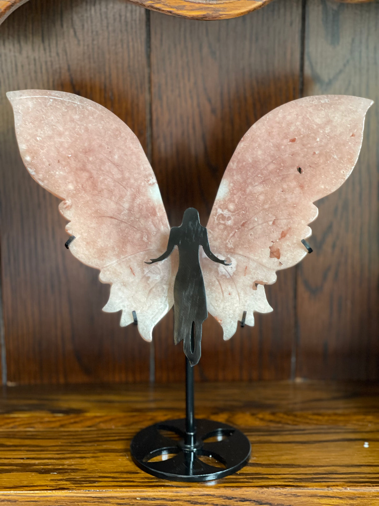 Pink Amethyst Wings Carving on Stand 524g - “ I am a strong and loving person”.