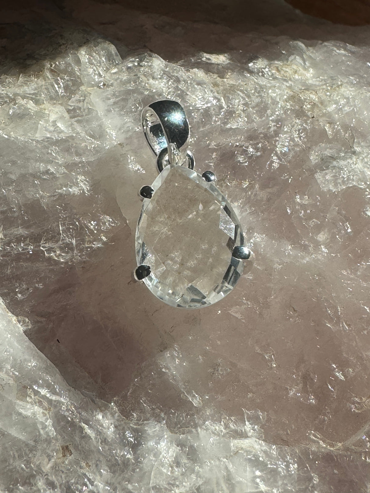 Clear Quartz Teardrop Faceted Chunky Silver Pendant & Chain - Master Healer. High Vibrational.