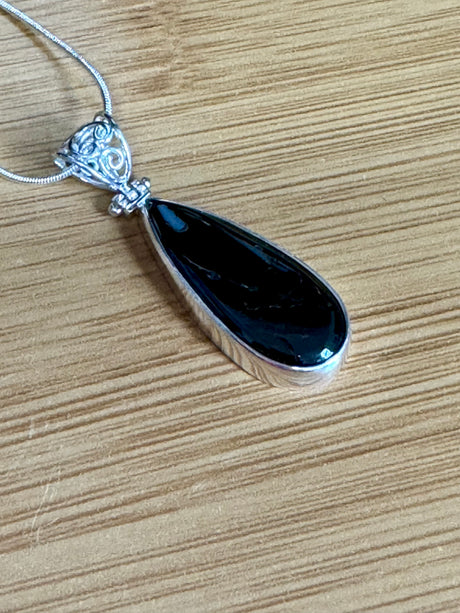 Black Tourmaline Silver Pendant & Chain - Grounding