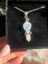 Moonstone Rainbow & Amethyst Pendant & Silver Chain - Inner Peace & New Beginnings