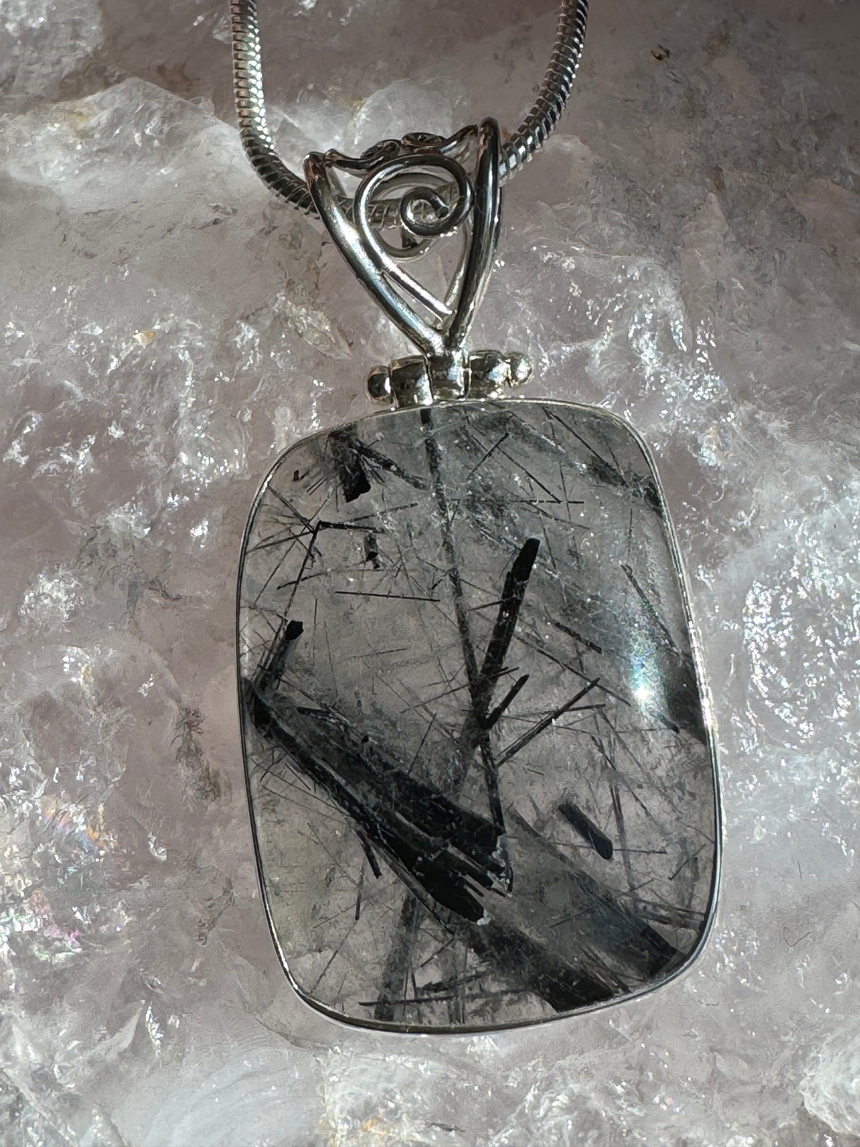 Black Tourmaline in Quartz Silver Pendant & Chain - Protection