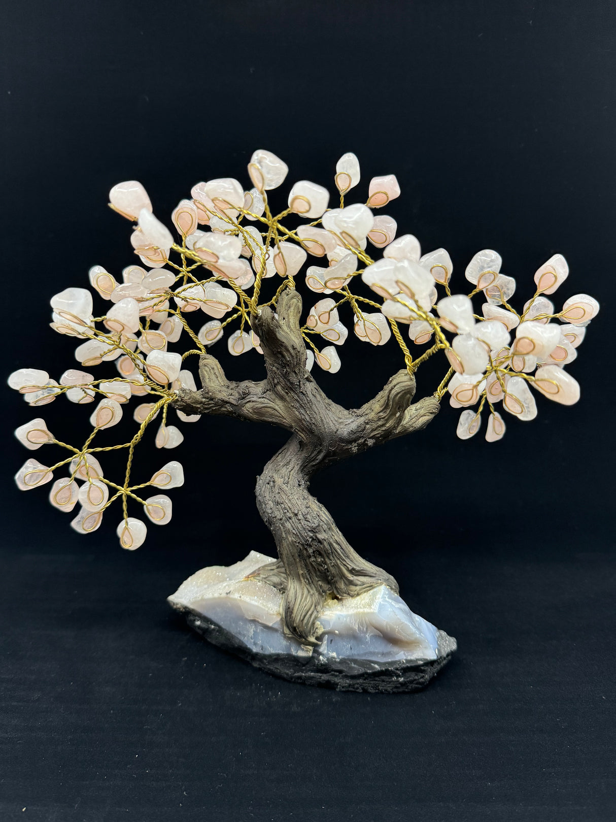 Rose Quartz Tree on Blue Agate and Sparkly Geode Base - Beautiful