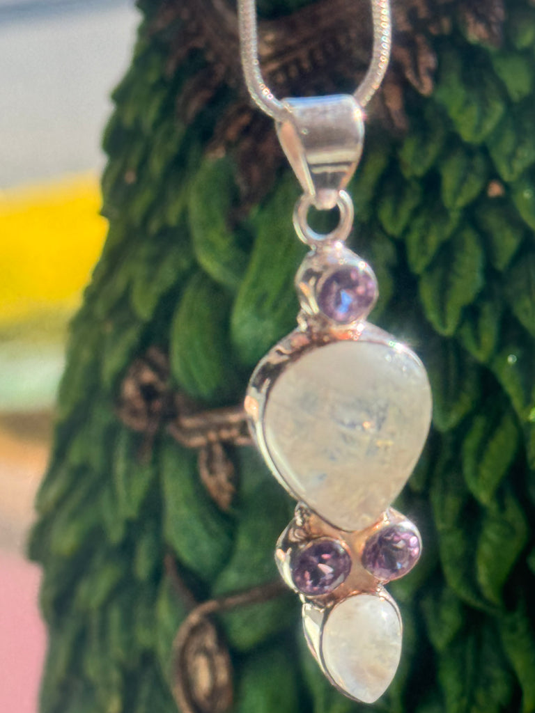 Moonstone Rainbow & Amethyst Pendant & Silver Chain - Inner Peace & New Beginnings