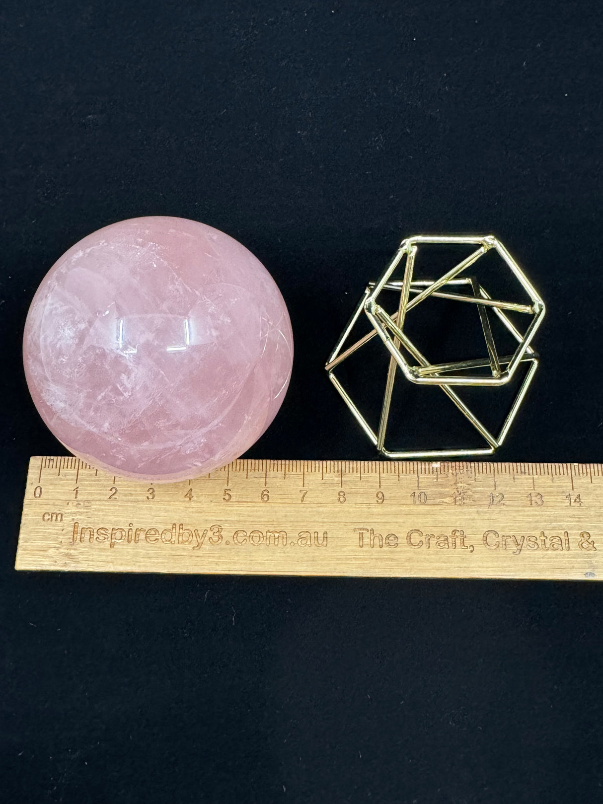 Rose Quartz Sphere on Gold Stand 370g- “I radiate love, beauty, confidence and grace”.