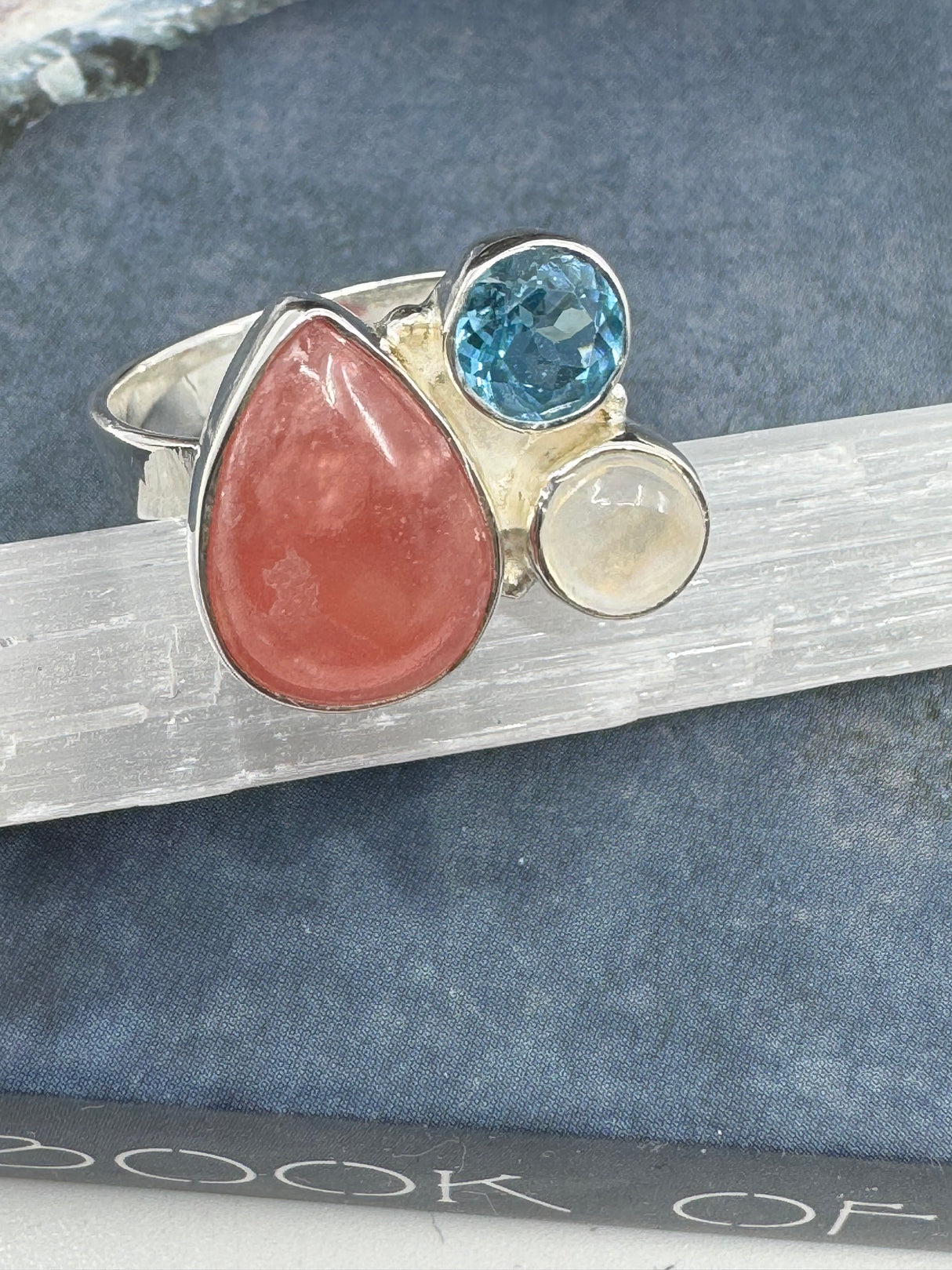 Rhodochrosite, Moonstone & Topaz Ring Size 8- "I gently release past pain with grace, compassion, and love."