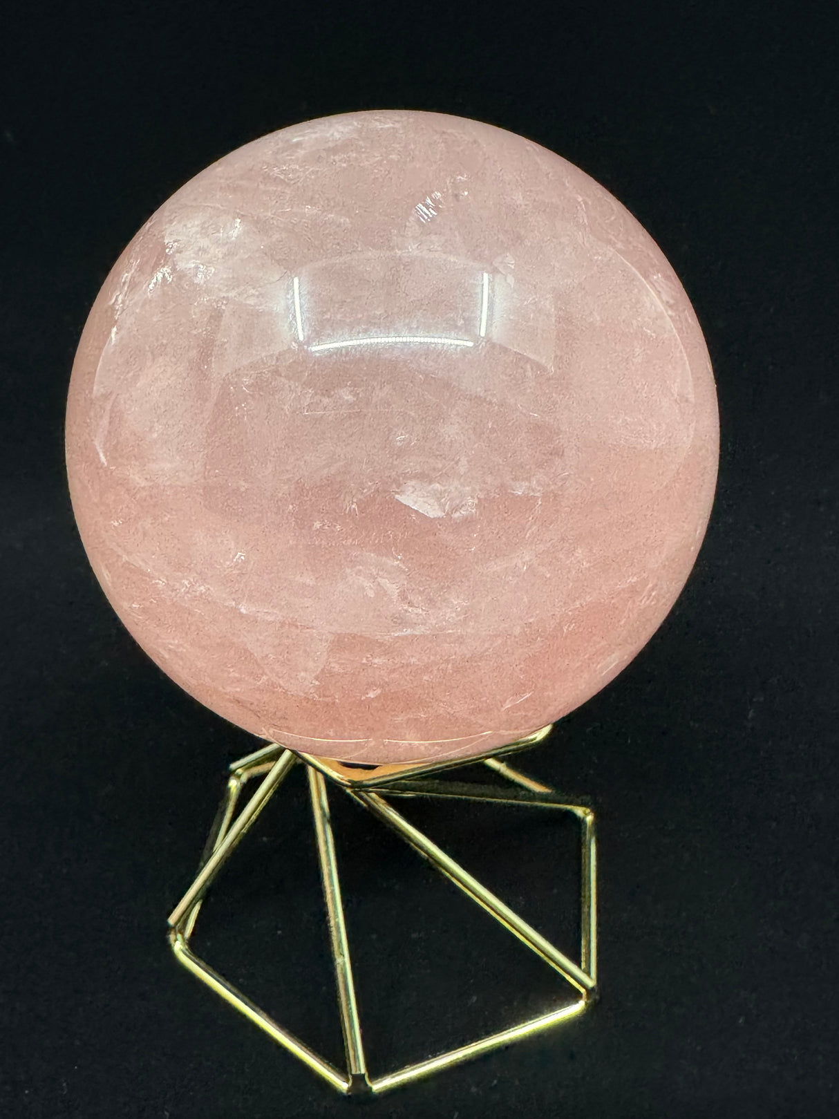 Rose Quartz Sphere on Gold Stand 370g- “I radiate love, beauty, confidence and grace”.