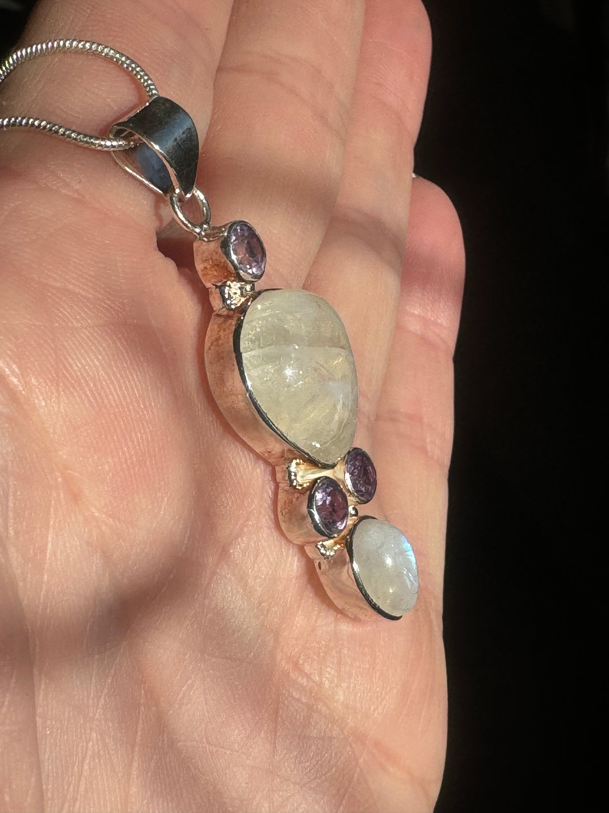 Moonstone Rainbow & Amethyst Pendant & Silver Chain - Inner Peace & New Beginnings