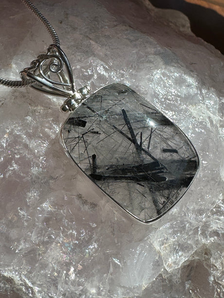 Black Tourmaline in Quartz Silver Pendant & Chain - Protection