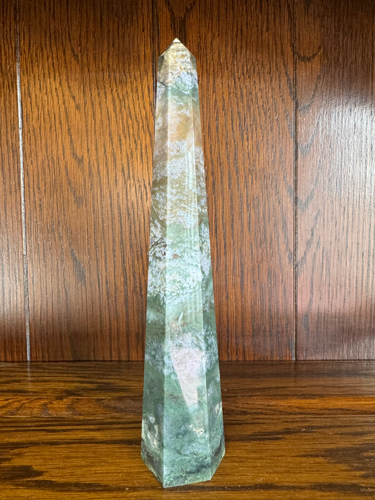 Agate Moss Tower 22cm 344g  -“ I draw upon the energy of Mother Earth to heal”.