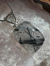 Black Tourmaline in Quartz Silver Pendant & Chain - Protection