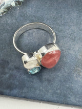 Rhodochrosite, Moonstone & Topaz Ring Size 8- "I gently release past pain with grace, compassion, and love."