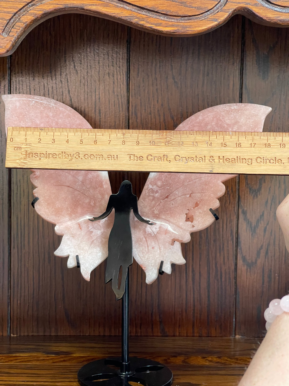 Pink Amethyst Wings Carving on Stand 524g - “ I am a strong and loving person”.