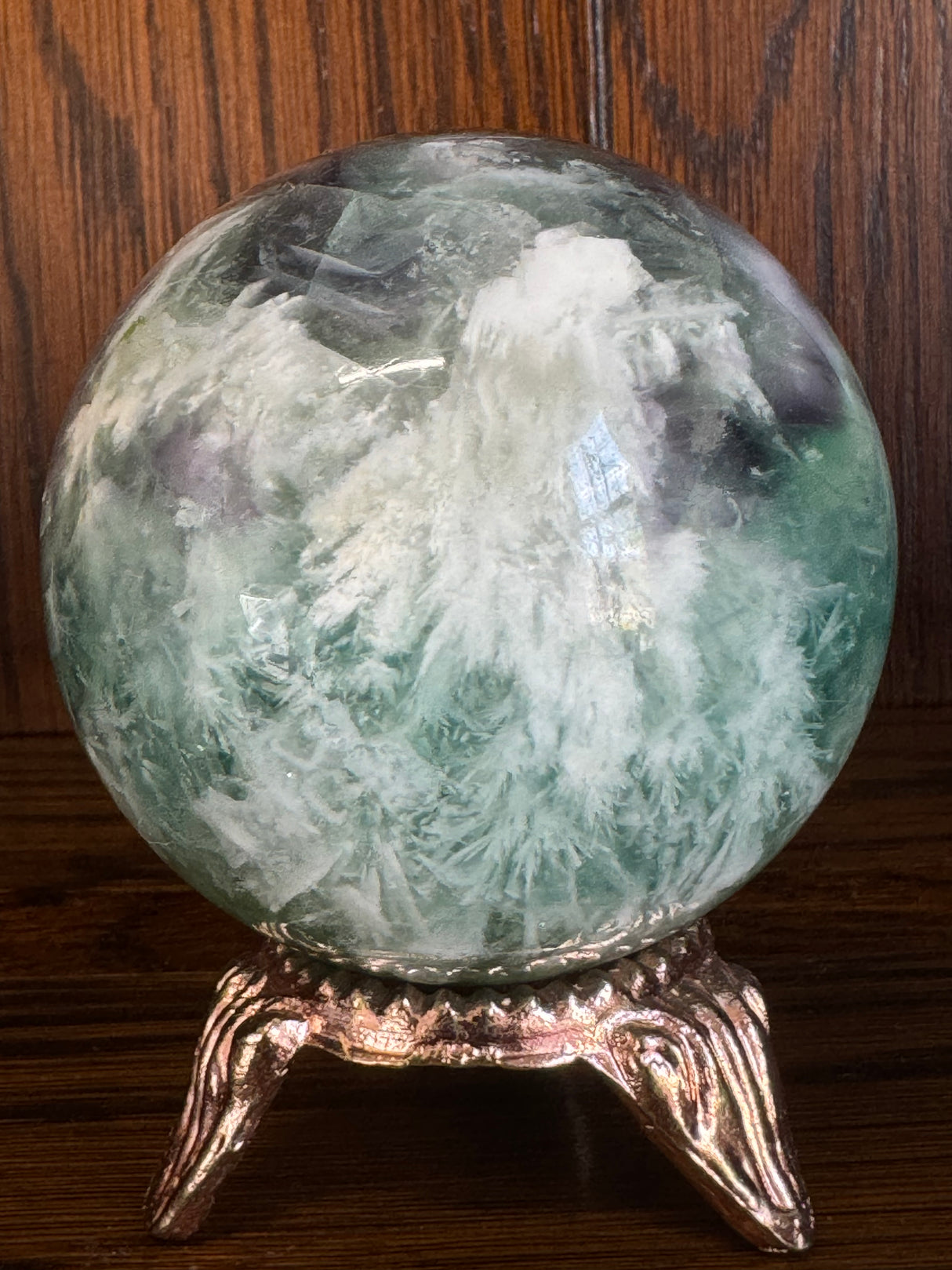 Snowflake Fluorite Sphere #4 323g - Concentration. Organised.