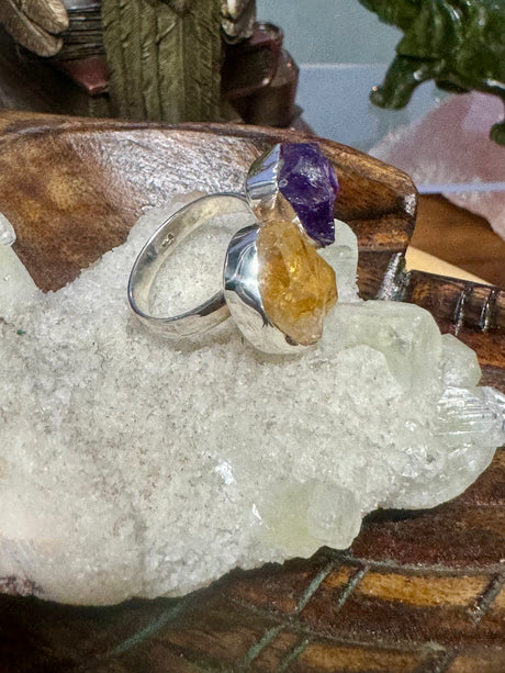 Citrine & Amethyst Silver Ring Size 9 - Manifestation. Abundance.