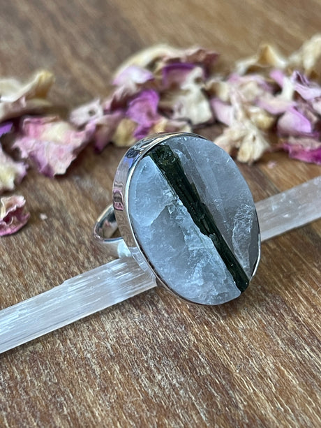 Tourmaline Quartz Silver Ring Size 7 - "My mind, body, and spirit are protected and grounded."