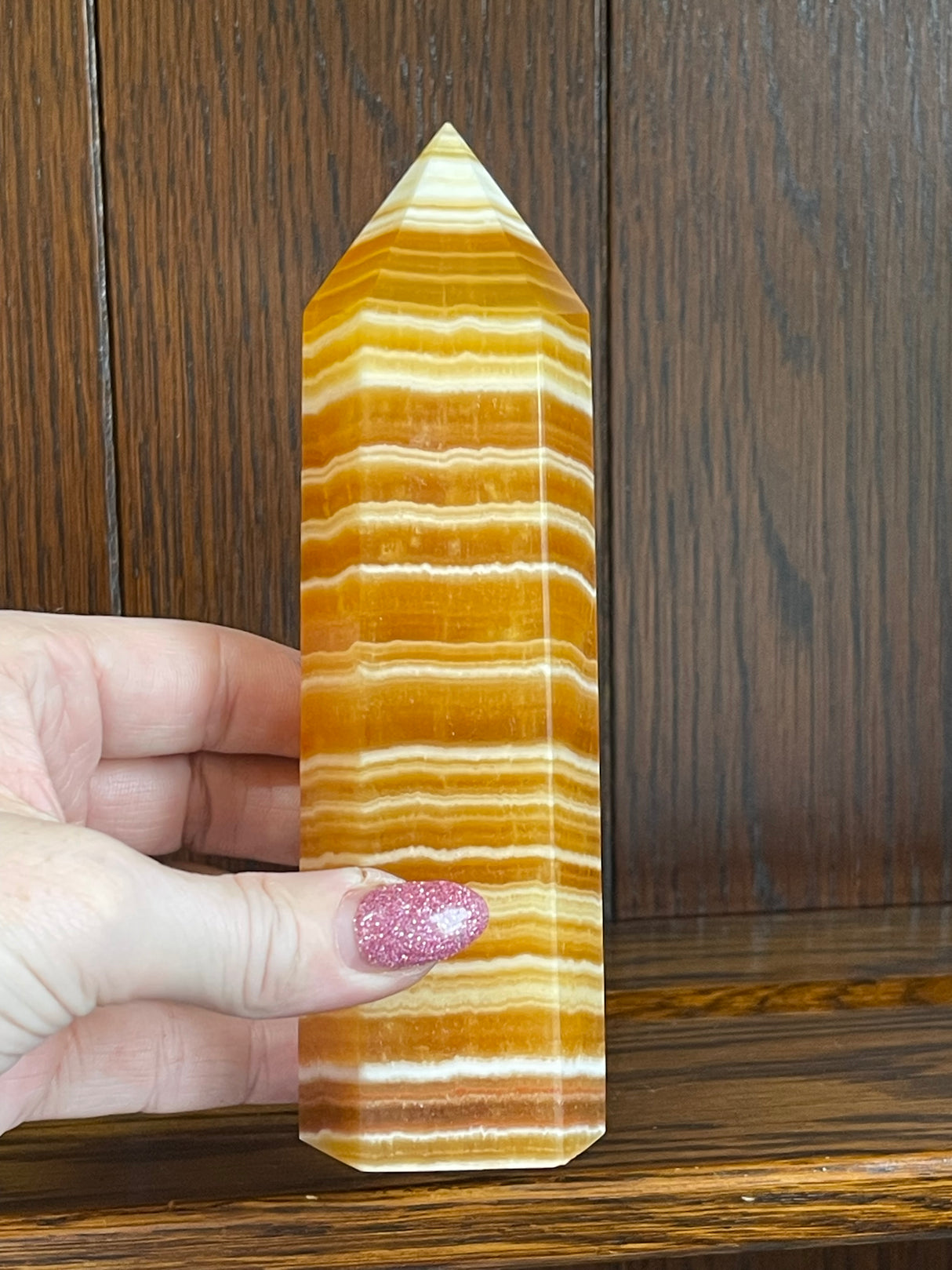 Banded Orange Calcite Tower #8 463g - "My mind is filled with new, creative ideas."