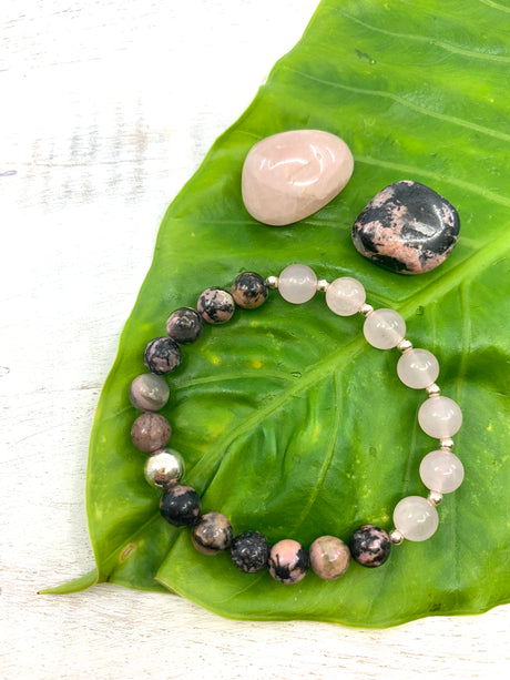 Rose Quartz and Rhodonite Sterling Silver Bracelet