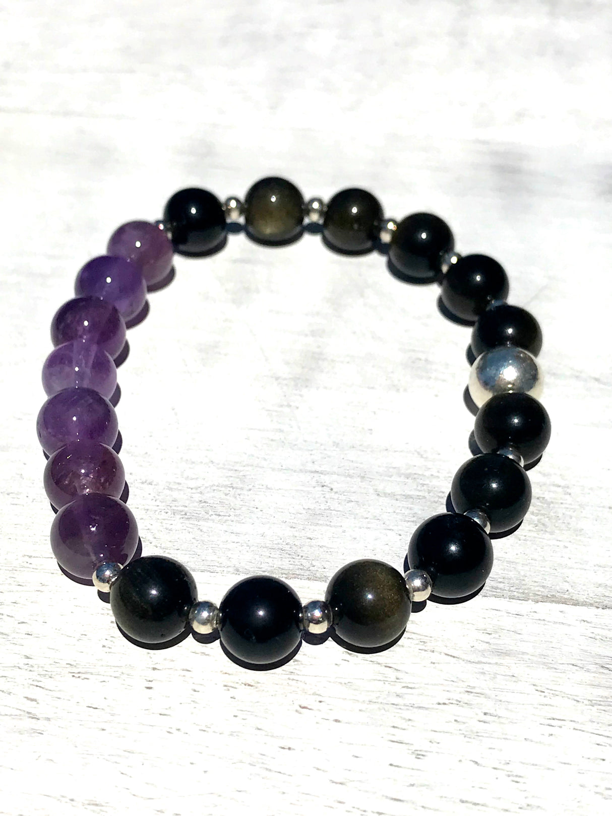 Amethyst and black obsidian sterling silver bracelet