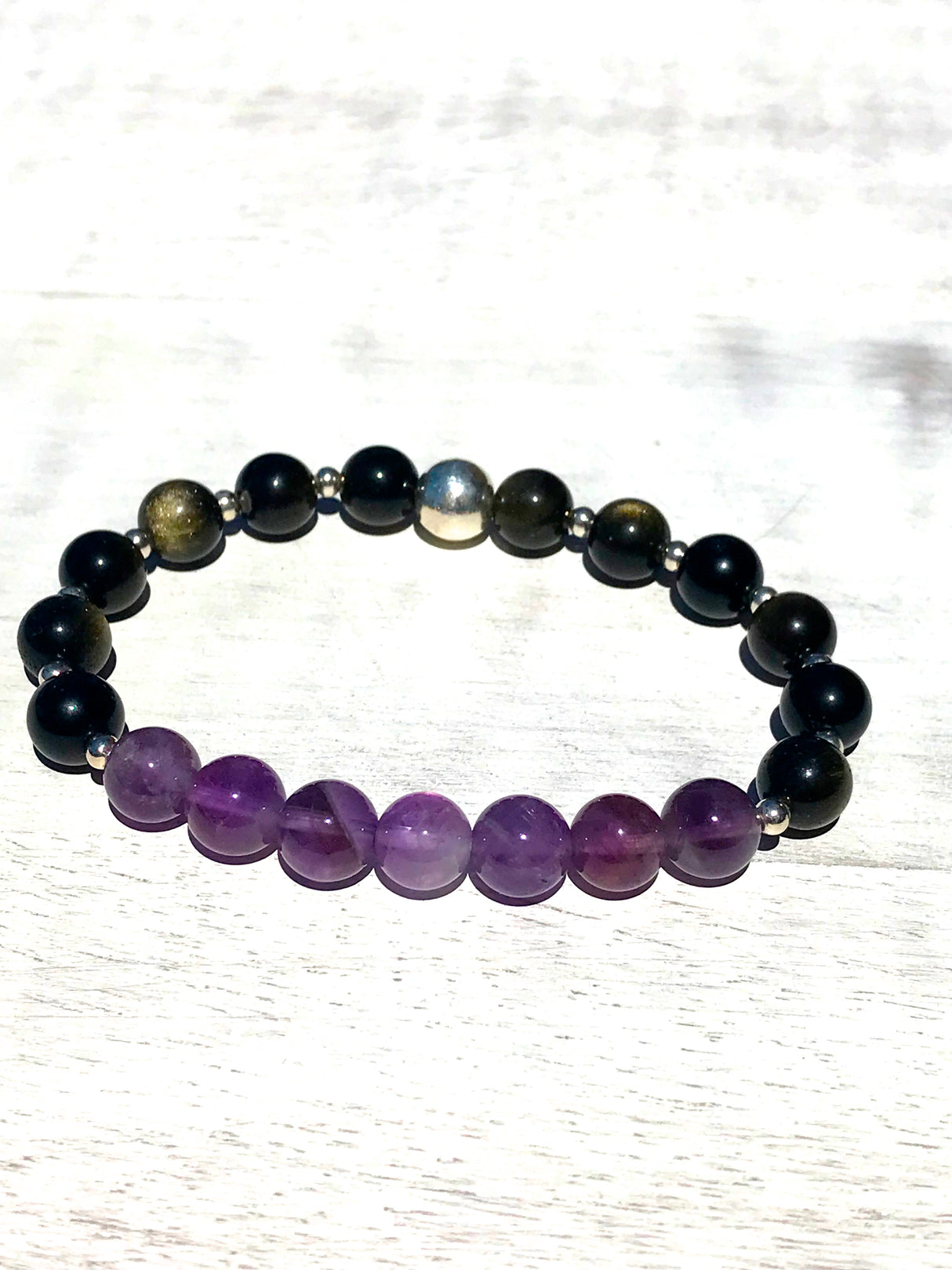 Amethyst and black obsidian sterling silver bracelet