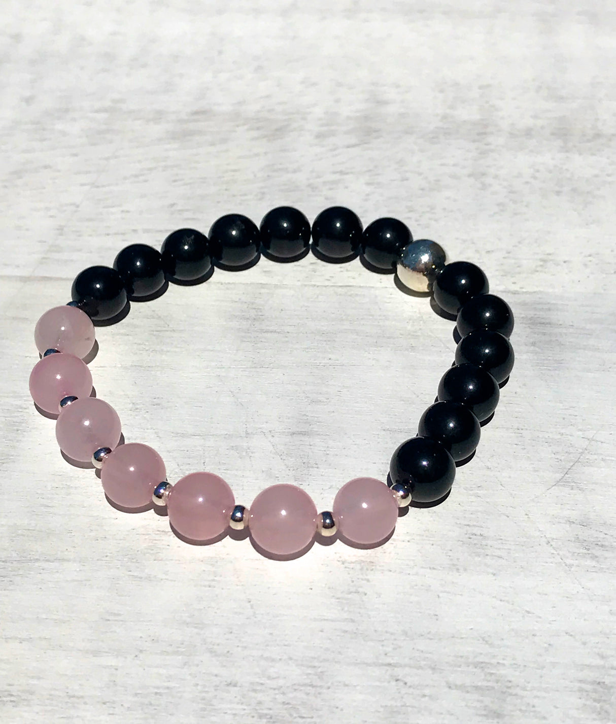 Rose Quartz and Tourmaline sterling silver bracelet