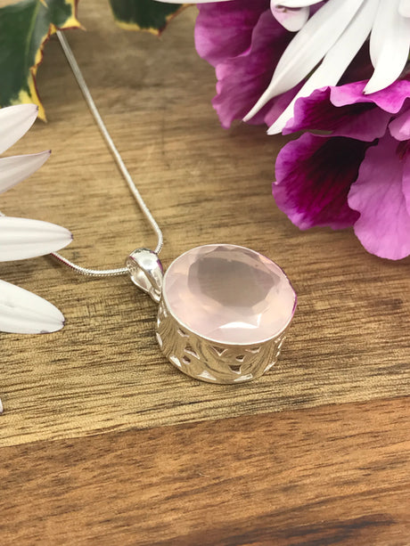 Rose Quartz Round Faceted Silver Pendant - Love & Peace