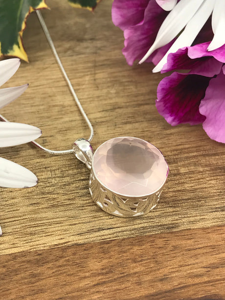 Rose Quartz Round Faceted Silver Pendant - Love & Peace