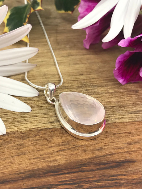 Rose Quartz Tear Drop Silver Pendant - Love & Peace