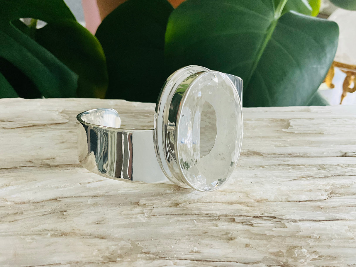 Clear Quartz Sterling Silver XL Bangle - Goddess Diana