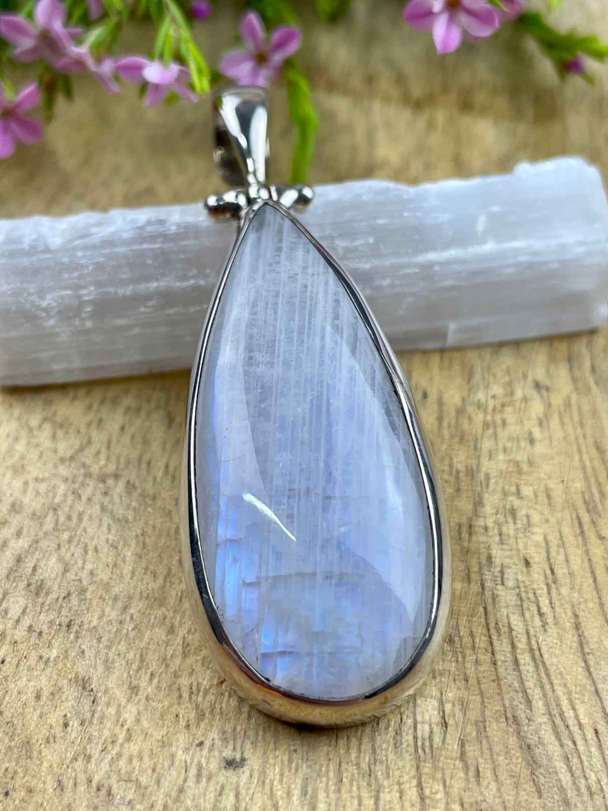 Moonstone Rainbow Pendant & Silver Chain #7 - Inner Peace & New Beginnings