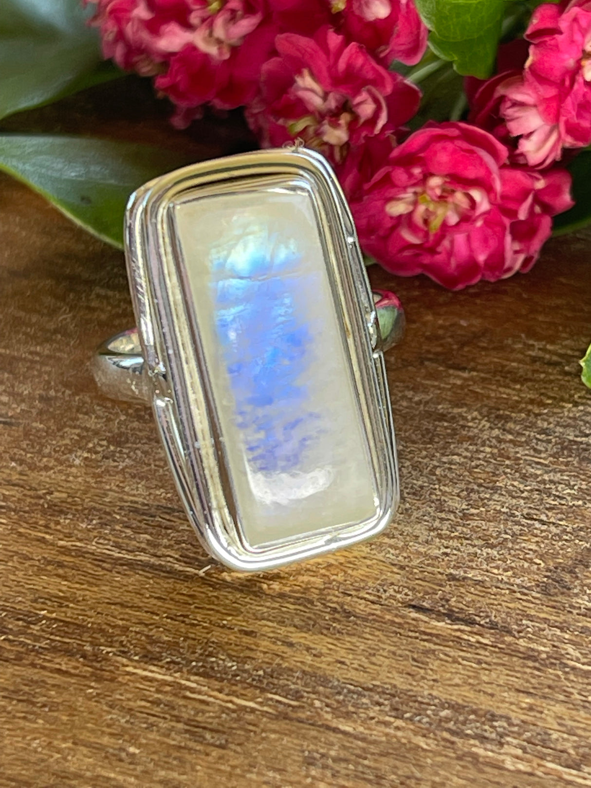 Moonstone Rainbow Silver Ring Size 8 - Inner Peace & New Beginnings