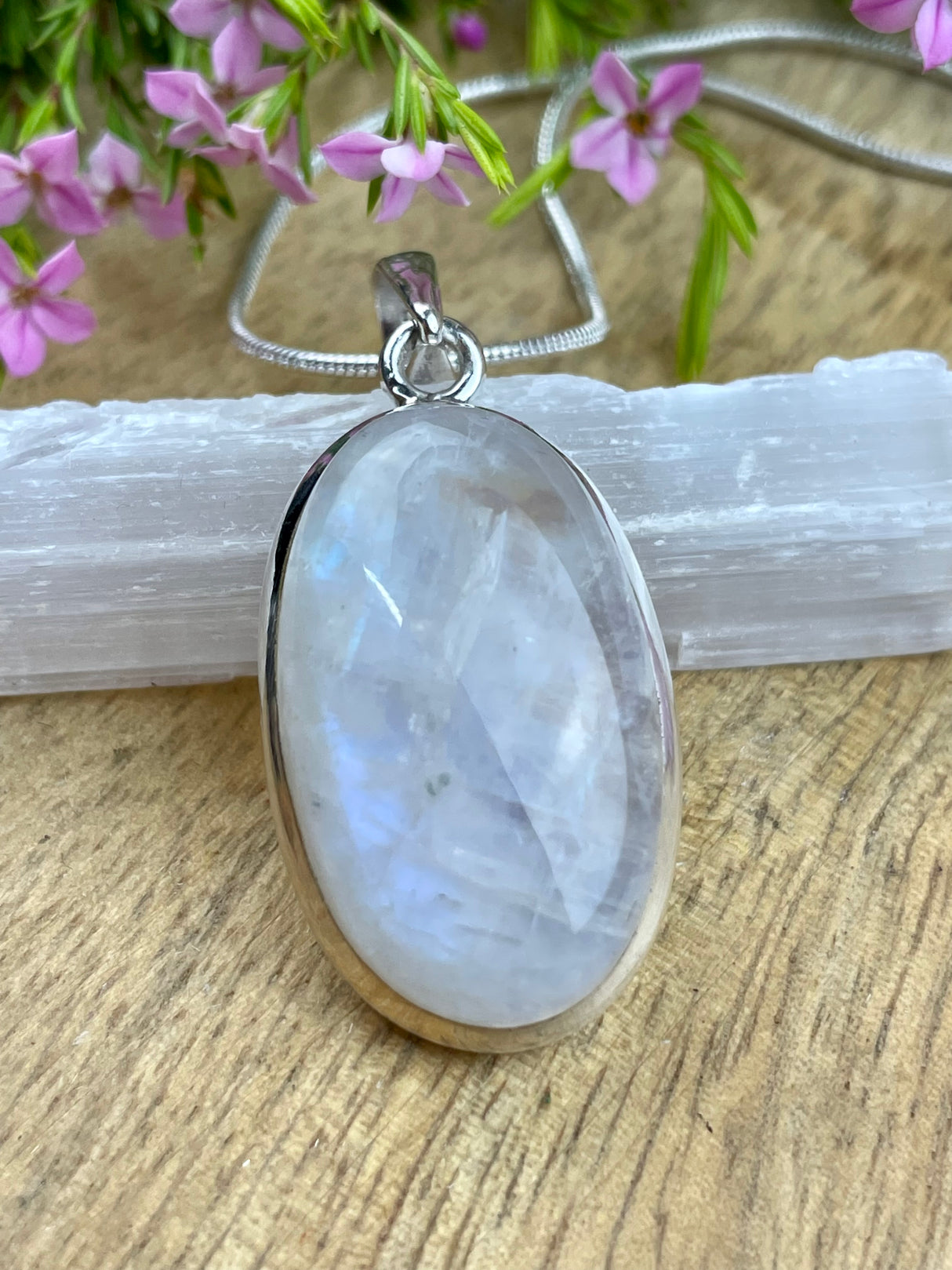 Moonstone Rainbow Pendant & Silver Chain #1 - Inner Peace & New Beginnings