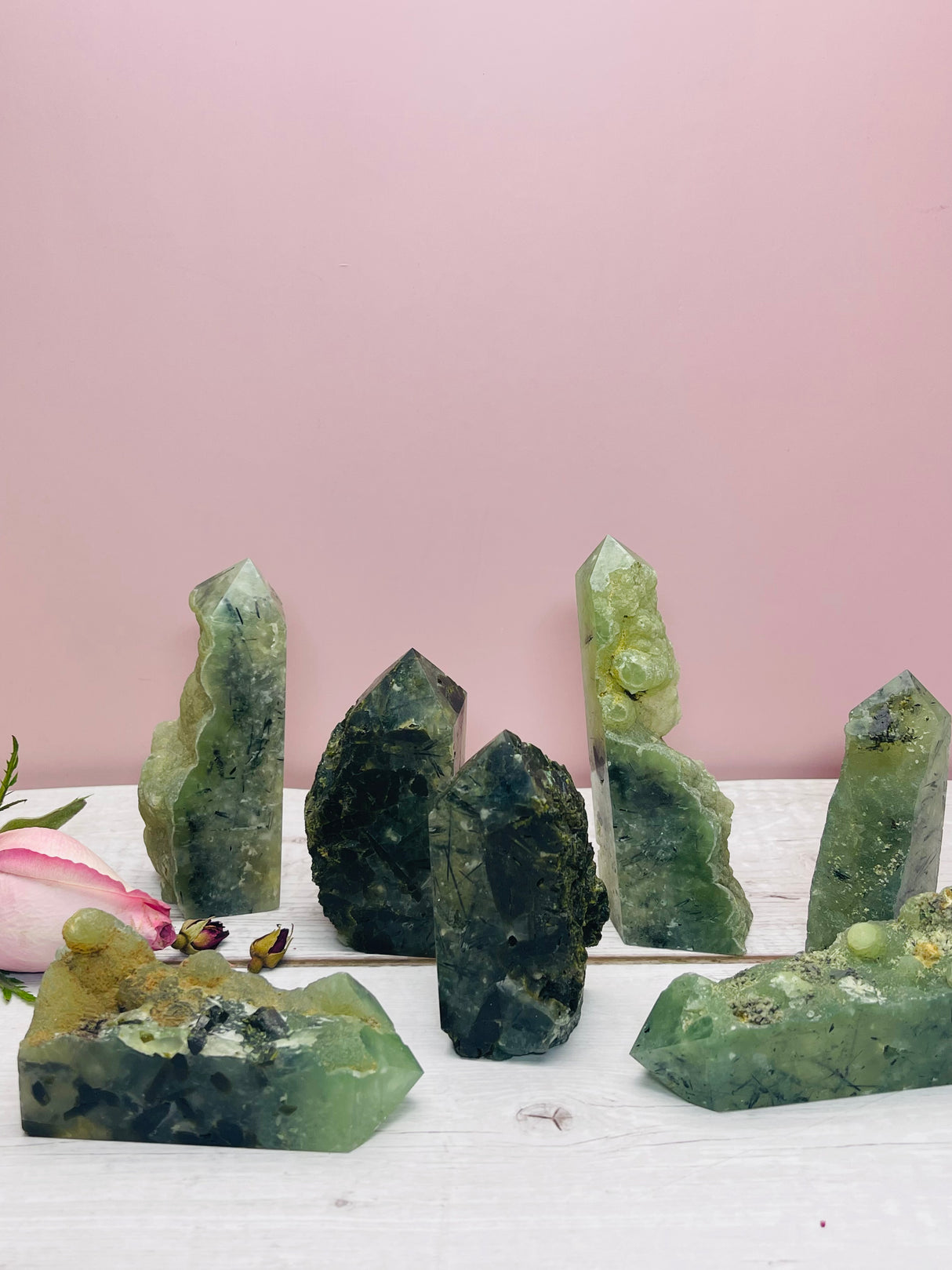 Prehnite, Epidote & Black Tourmaline Natural Point - Spiritual Growth. Protection