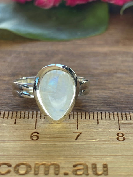 Moonstone Rainbow Silver Ring Size 8 - Inner Peace & New Beginnings