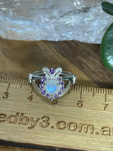 Rainbow Moonstone & Amethyst Claddagh Heart Silver Ring - Size 6