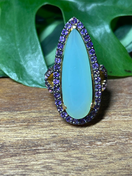 Aqua Chalcedony & Amethyst Size 8 18ct Gold Plated - Communication. Clarity. Mental Health.