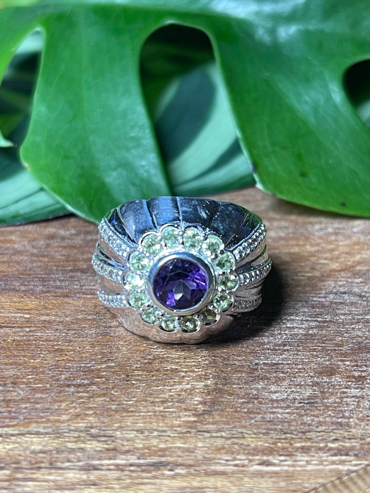 Amethyst and Peridot Silver Ring- Size 7