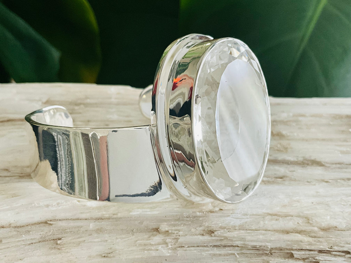 Clear Quartz Sterling Silver XL Bangle - Goddess Diana