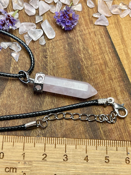 Rose Quartz Bullet Pendant on Black Cord Chain - Love & Stress Relief